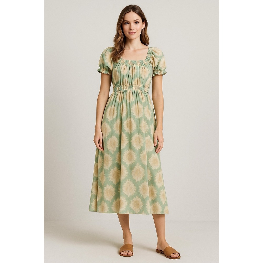 Ulla Johnson Nanette Green Beige‎ Ikat Midi Dress Puff Sleeve Boho Size 4